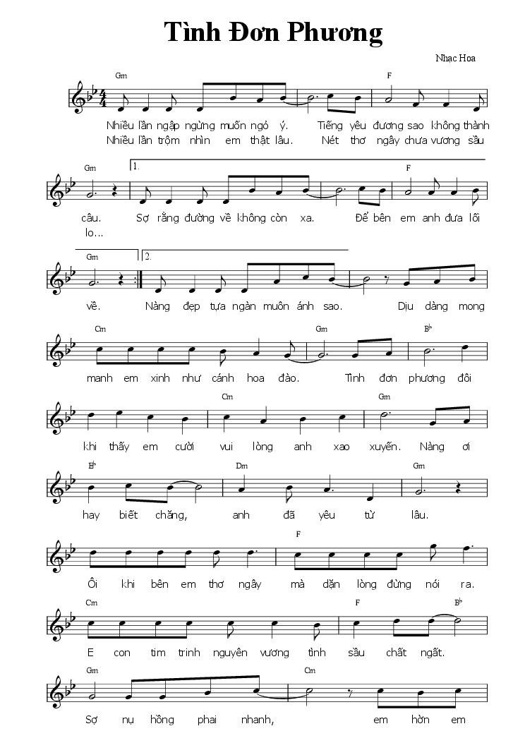 Sheet nhạc Tình Đơn Phương